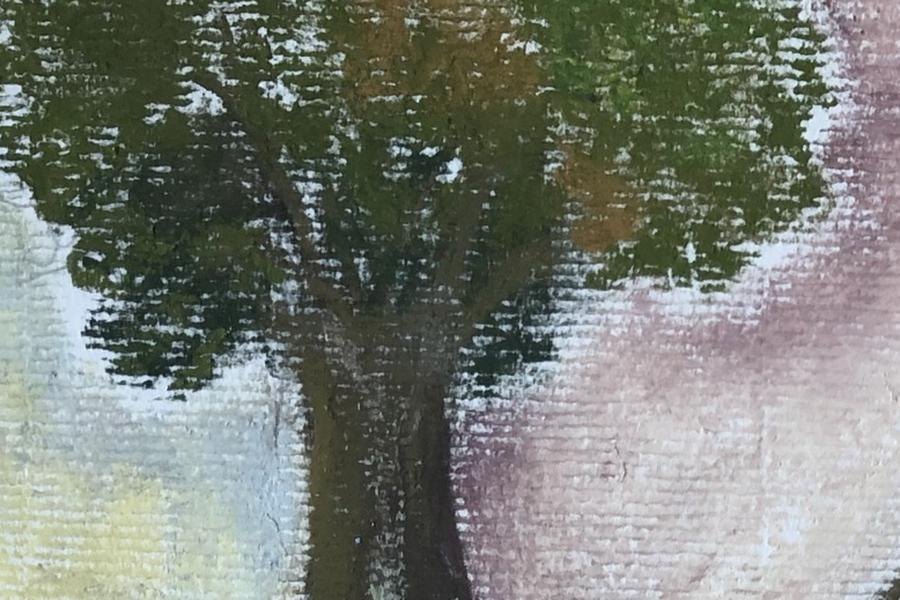 Detail of a painting by Rachel Okimo: a tree in leaf
