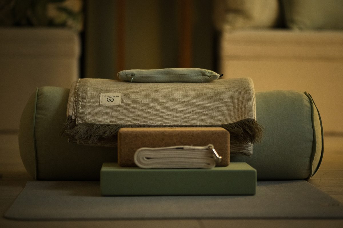 Bolster, blocks and blankets set out in the studio