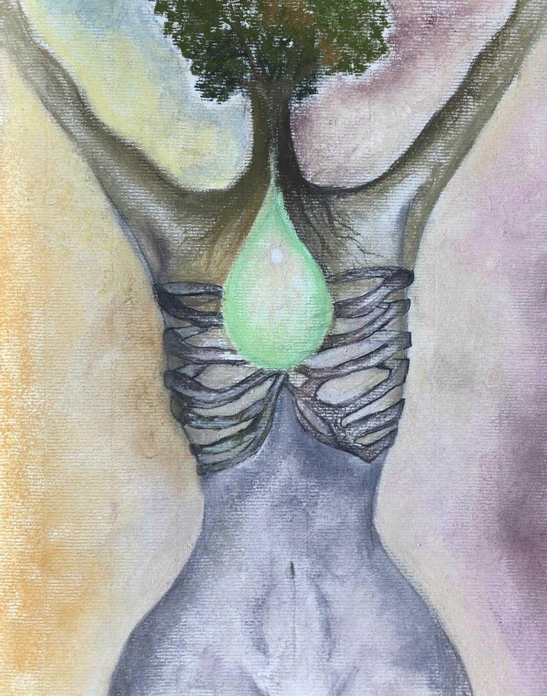Rachel Okimo, painting: a tree whose roots become a ribcage, with a lit form held inside it
